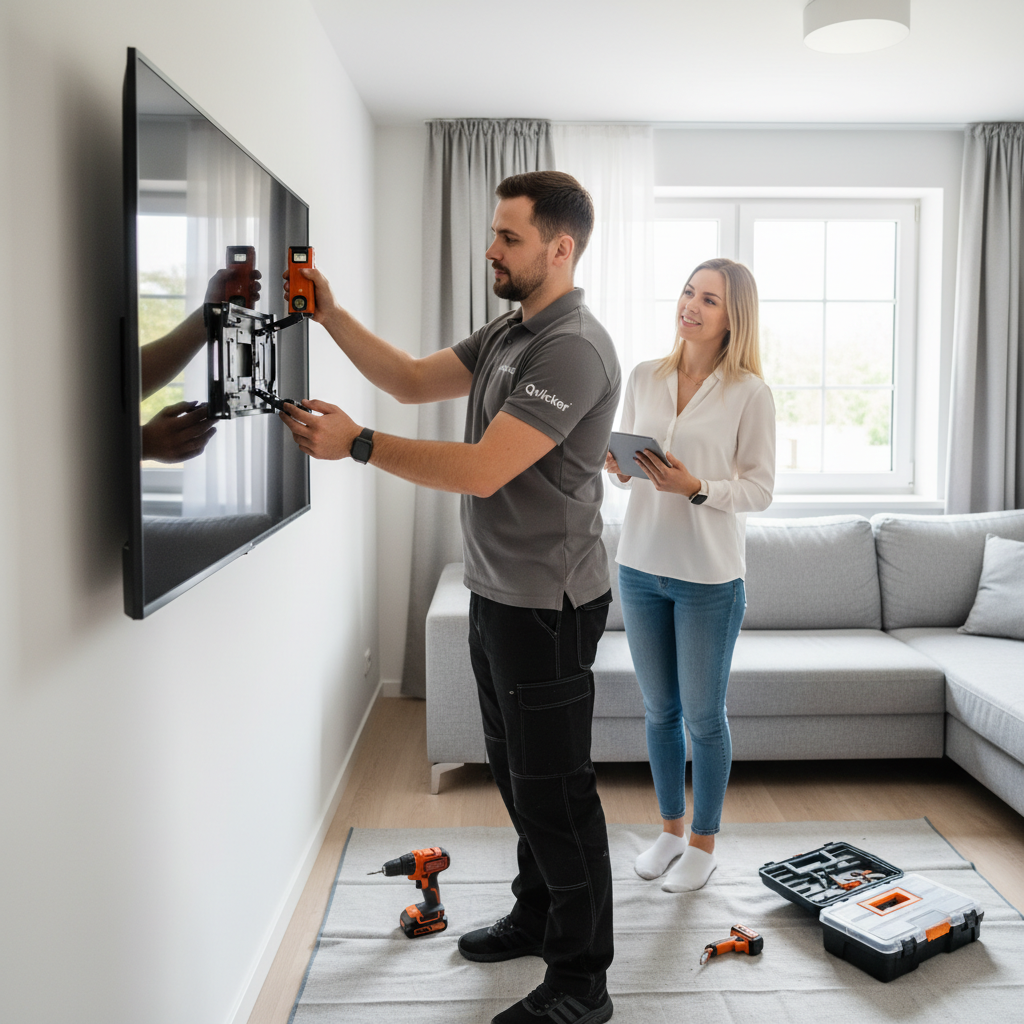 Vyras montuoja didelį televizorių ant svetainės sienos, atidžiai matuodamas. Scena pabrėžia profesionalų televizoriaus kabinimą.