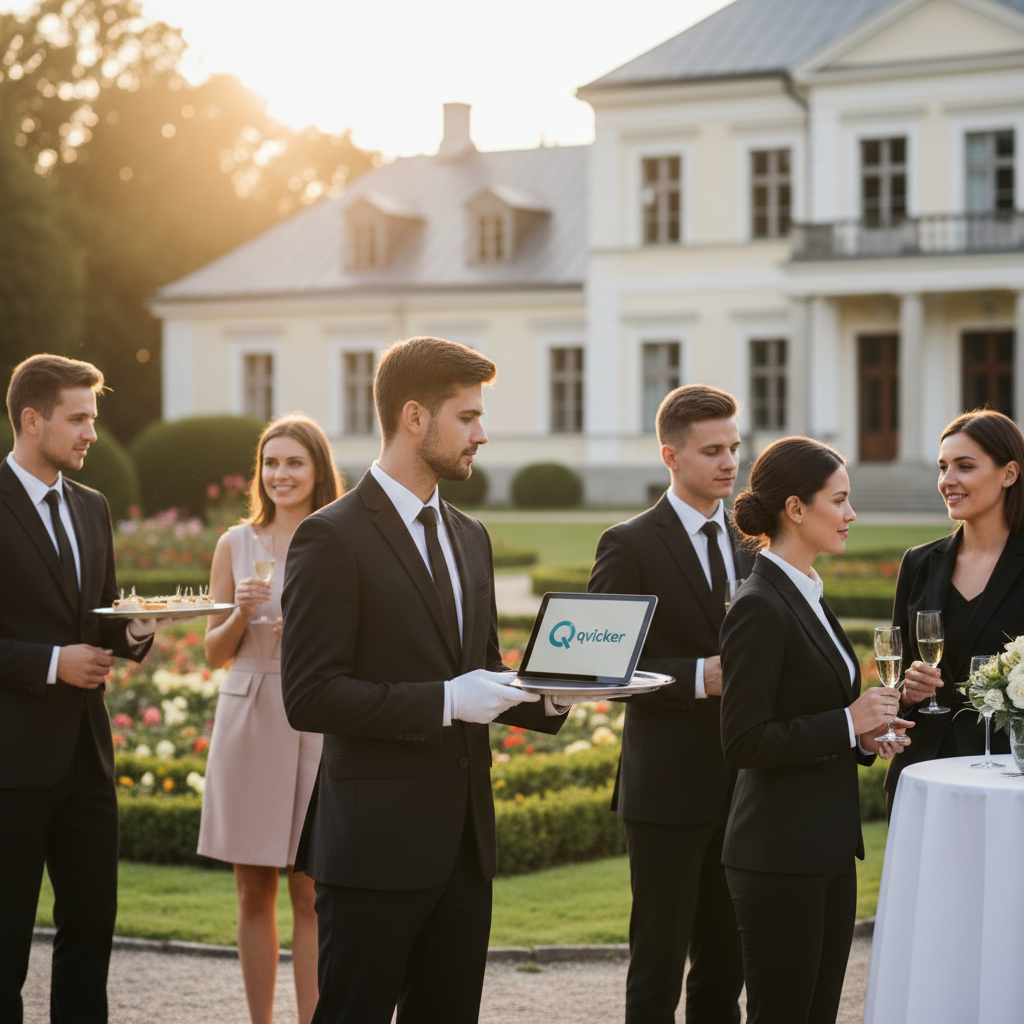 Profesionalūs padavėjai elegantiškai aptarnauja svečius renginyje, simbolizuojantys kokybišką ir efektyvų aptarnavimą su Qvicker pagalba, taupant biudžetą.