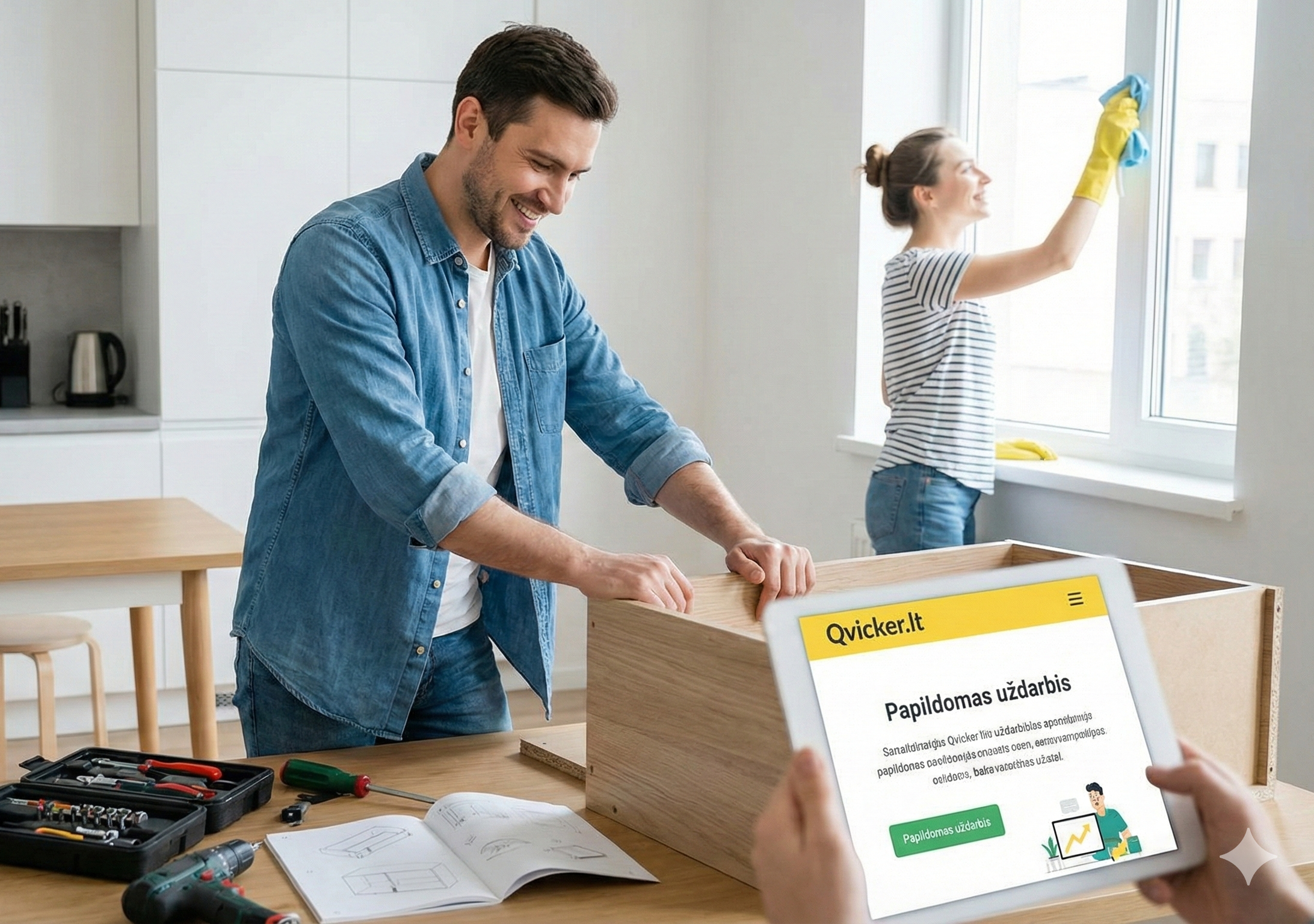 moteris valanti langus ir vyras pakuojantis daiktus