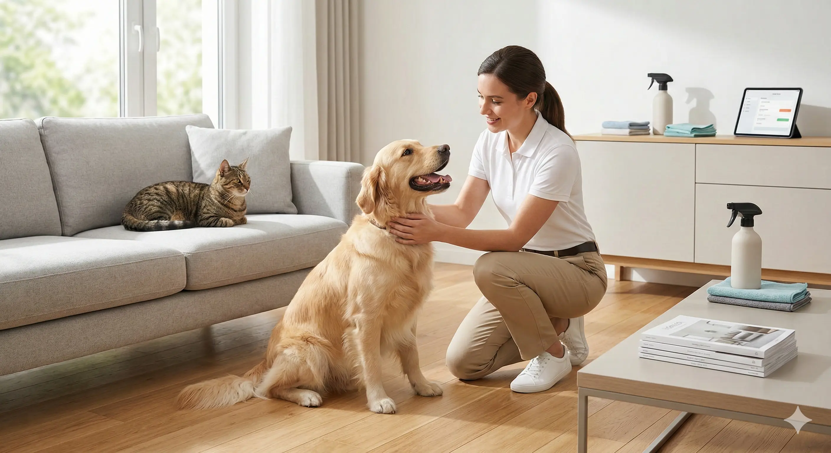 Besišypsanti gyvūnų priežiūros specialistė glosto auksaspalvį retriverį švarioje svetainėje, kol katė ilsisi ant sofos.
